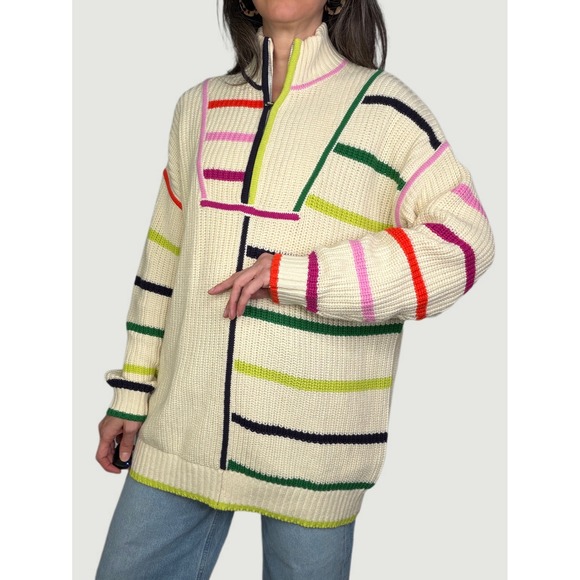 STAUD Sweaters - STAUD Hampton Sweater Cream Multi Color Stripe Quarter Zip Knit Oversized Long S